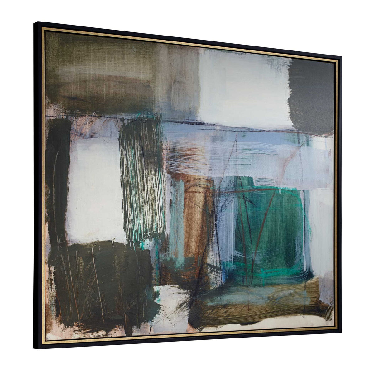 Green Fields - Framed Abstract Canvas - Black / Blue / Green / Orange / White / Yellow