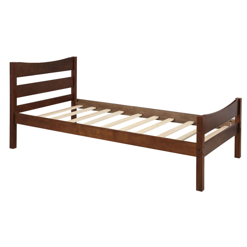 DreamHaus twin size platform bed with headboard and wooden slat support, showcasing a modern bedroom setup with natural wood finish.