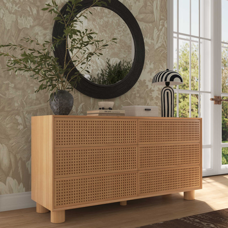 TOV Furniture Miles 6-drawer dresser in natural wood finish with sleek modern design and metal drawer handles.