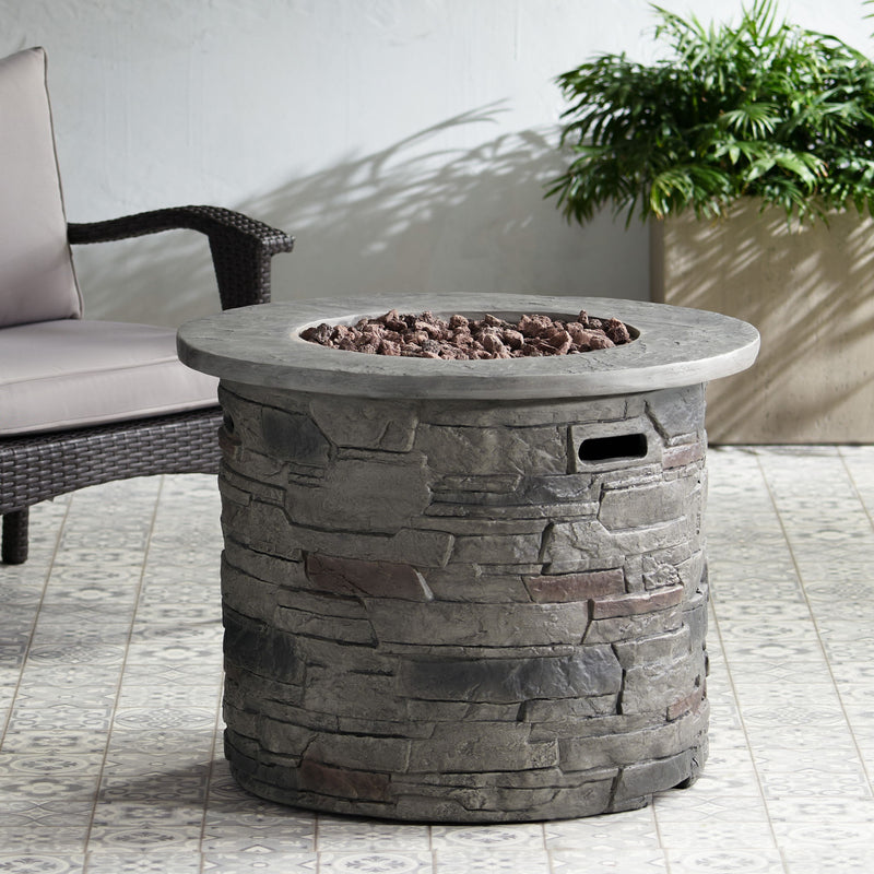 Transitional Outdoor 32" Round Propane Fire Pit Table, Lightweight Concrete Construction - Stone Gray - R&R Furniture Gallery (Fountain Valley, CA)