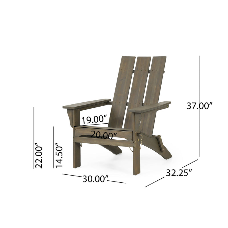 Noble House Aurascape outdoor foldable Adirondack arm chair with wide armrests and slatted back in natural wood finish.