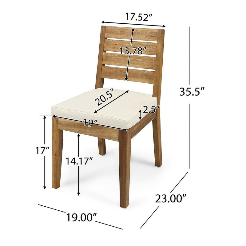 Noble House outdoor 6-seater expandable dining set with beige cushions, sandblasted natural finish, includes table and chairs.