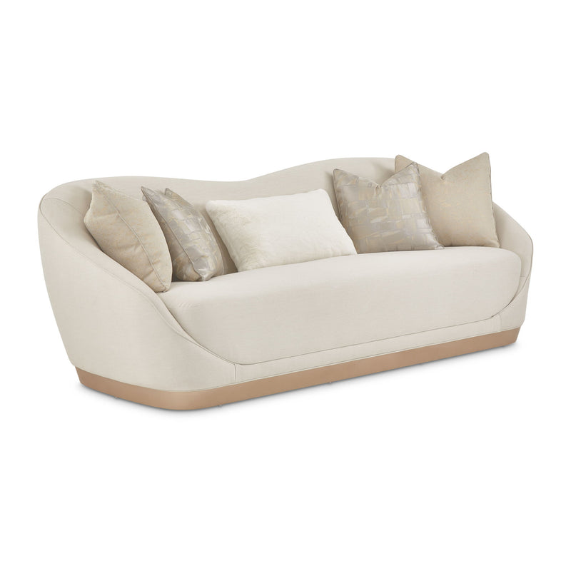 Michael Amini La Rachelle stationary sofa with plush fabric and elegant design, showcasing comfortable seating and decorative cushions.