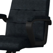 Distressed blue Simpli-Home swivel office chair with adjustable height, cushioned seat, and a modern ergonomic design.
