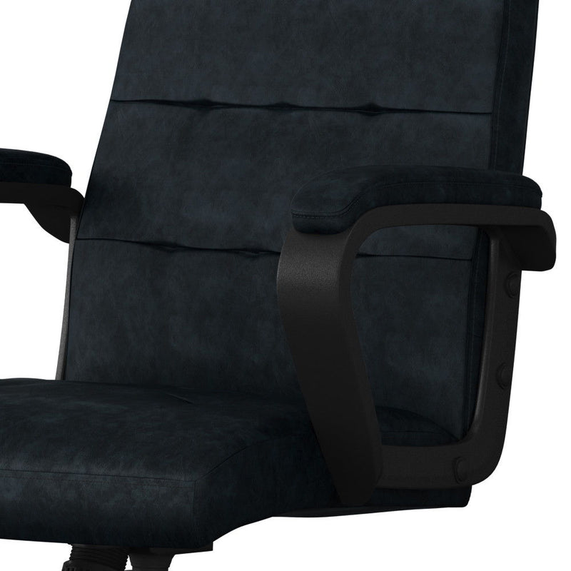 Distressed blue Simpli-Home swivel office chair with adjustable height, cushioned seat, and a modern ergonomic design.