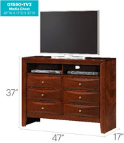 Glory Furniture Marilla media chest with storage drawers and a polished wood finish, ideal for living room media organization.