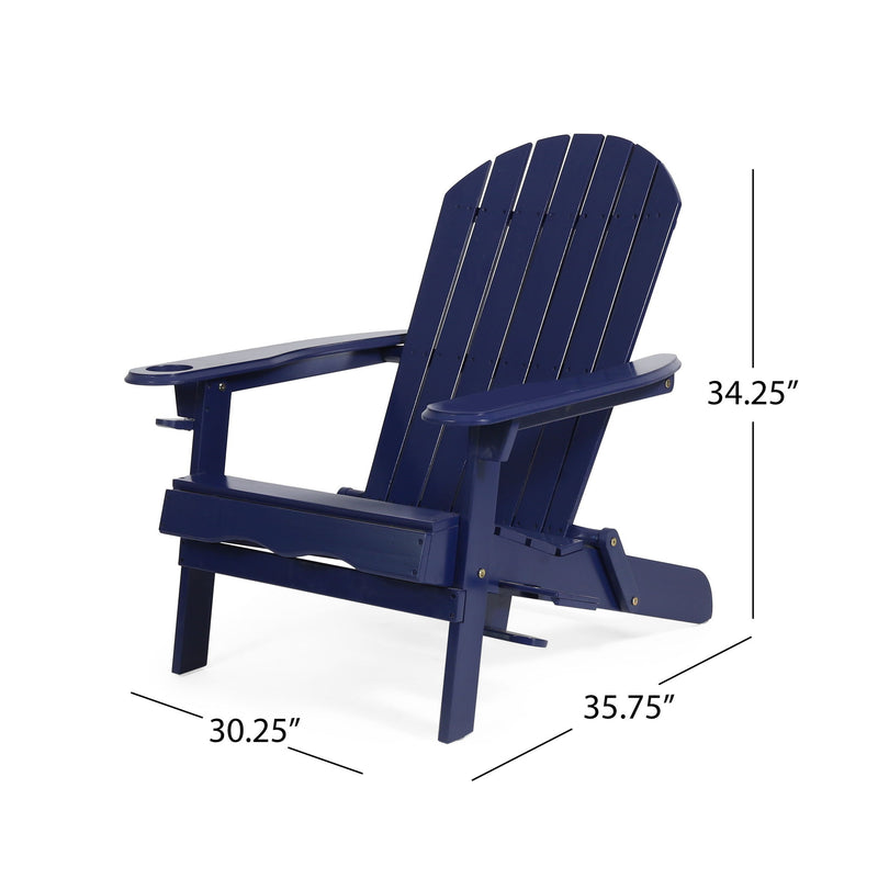 Noble House Zenithia outdoor foldable Adirondack arm chair with two cup holders, weather-resistant wooden design for patio relaxation.