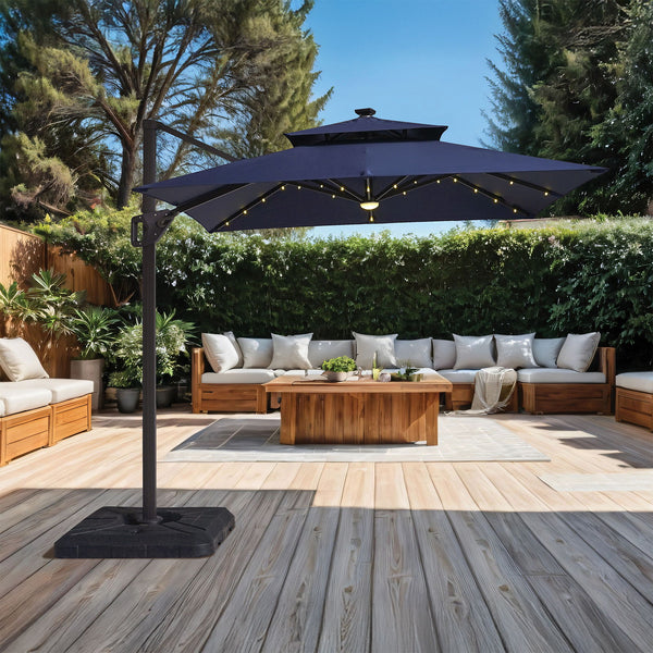 Xico - 8' SQ Umbrella, Double Top, LED Light + Control, Navy + Base