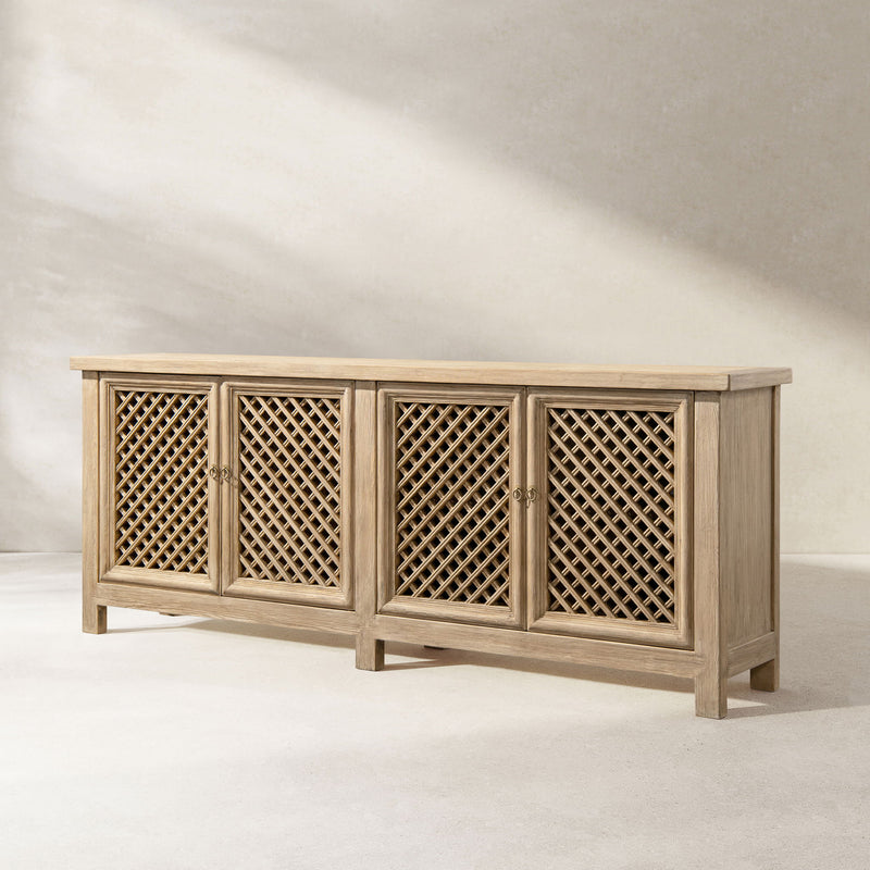 Jennifer Taylor Home Arden 4-door sideboard in natural wood finish, featuring clean lines and spacious storage compartments.
