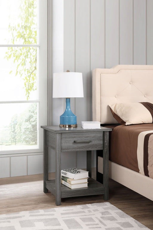 Glory Furniture Salem accent nightstand with wood finish, two drawers, and modern design, placed beside a bed in a cozy bedroom setting.