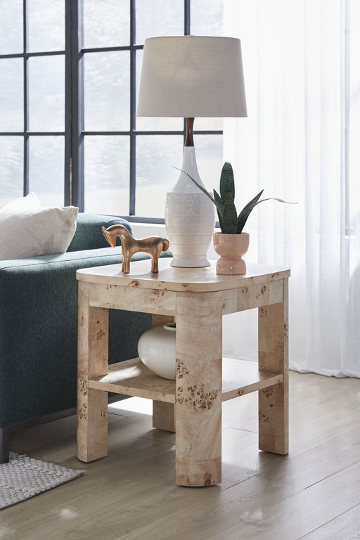 Modus Cosmo Mappa Burl Amber Kiss end table with round wooden top and sculptural base, showcasing warm wood tones and unique grain.