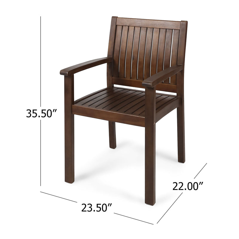 Set of two Wilson rustic dining chairs from Noble House with dark brown acacia wood and slat panel design.