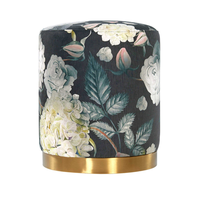 Dark gray floral velvet Ottoman with gold base by TOV Furniture, showcasing its plush upholstery and elegant design.