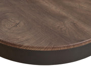 Set of three Horizon Hills occasional tables by Signature Design Ashley in brown and black with modern round tabletops and sturdy legs.