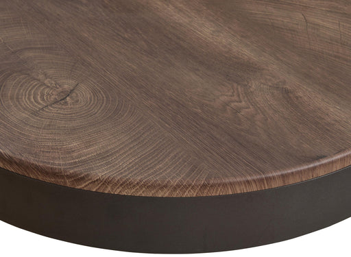 Set of three Horizon Hills occasional tables by Signature Design Ashley in brown and black with modern round tabletops and sturdy legs.