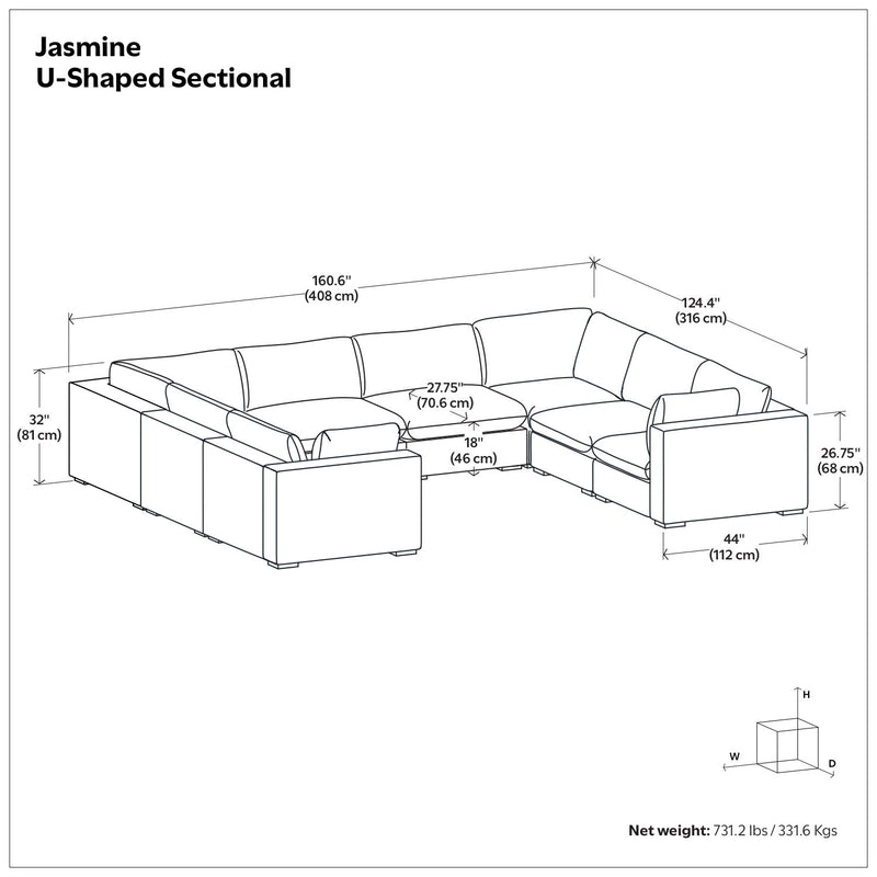Jasmine handcrafted stationary sectional sofa by Simpli-Home with beige fabric and plush cushions in a living room setting.
