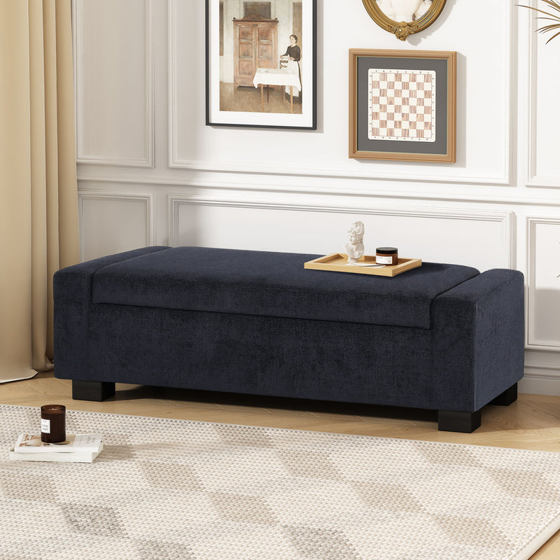 Noble House textured fabric ottoman bench with hinged lid, soft upholstery and sturdy wooden legs, ideal for living room storage and seating.