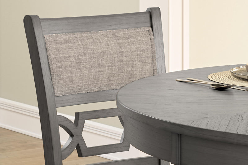 Set of five gray dining room tables from the Wrenning Drm Counter Table Set by Signature Design by Ashley, arranged together.