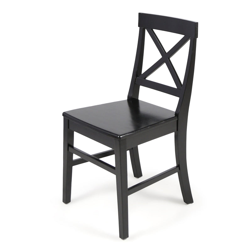 Set of two Noble House Plethora dining chairs with X-shaped back and wooden legs, showcasing modern design and comfortable seating.