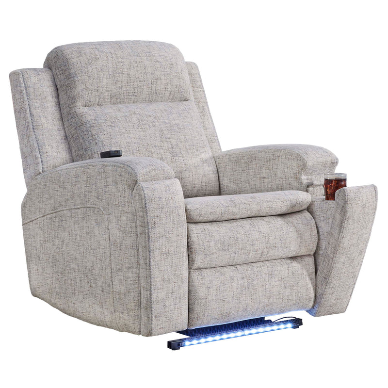 Parker Living Armstrong massage recliner with heat, massage functions, and auto-glide in black leather, showing its plush armrests.