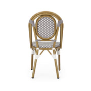 Outdoor rattan and aluminum French bistro chair set by Noble House, featuring stylish woven seats and sleek metal frames.