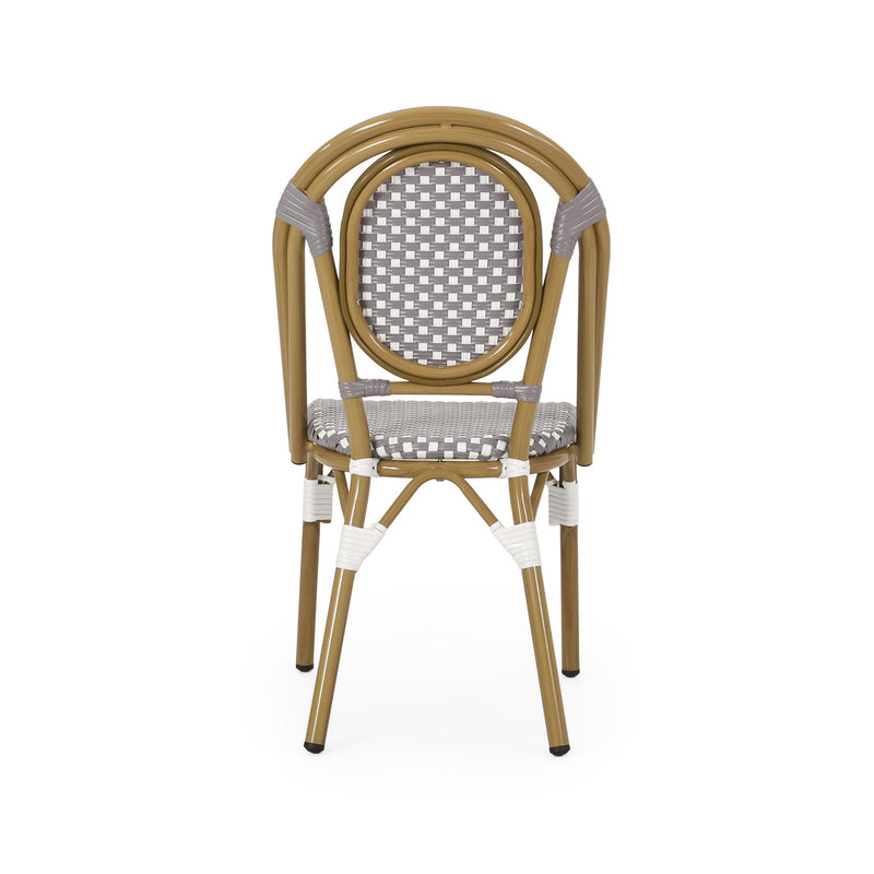 Outdoor rattan and aluminum French bistro chair set by Noble House, featuring stylish woven seats and sleek metal frames.