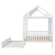 DreamHaus house-shaped twin size daybed with a pull-out trundle bed, featuring cozy design and wooden frame.