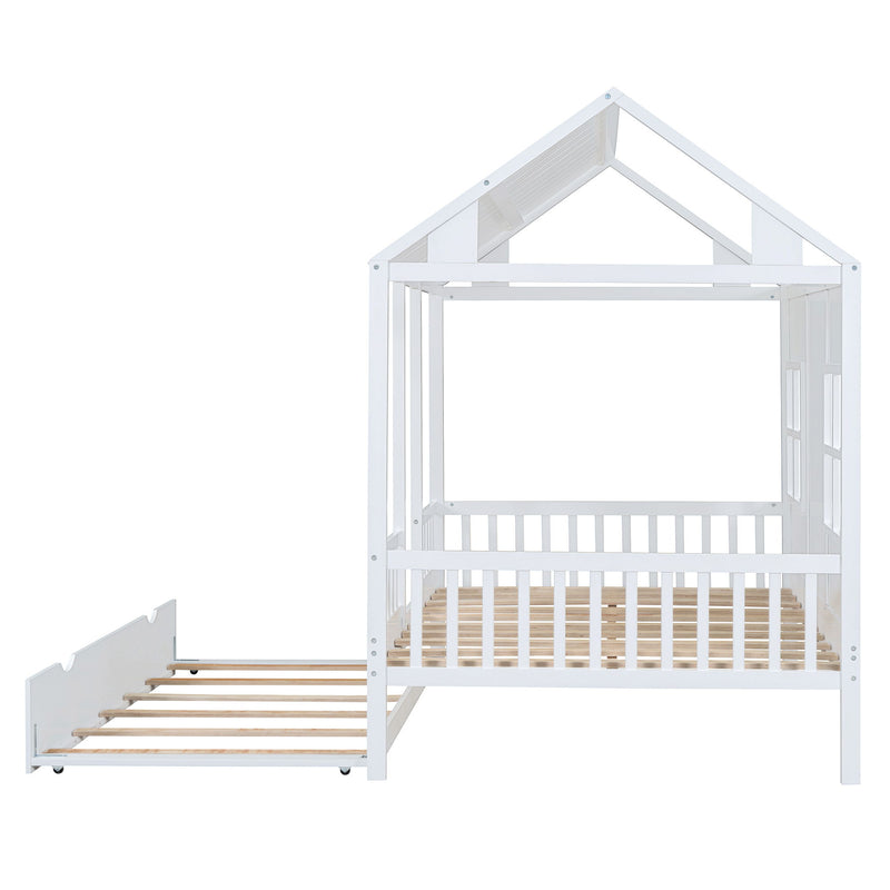 DreamHaus house-shaped twin size daybed with a pull-out trundle bed, featuring cozy design and wooden frame.