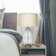 Aurora - Ribbed Lamp Base Clear Table Lamp Large Linen Shade - Beige / Clear / Gold - R&R Furniture Gallery (Fountain Valley, CA)