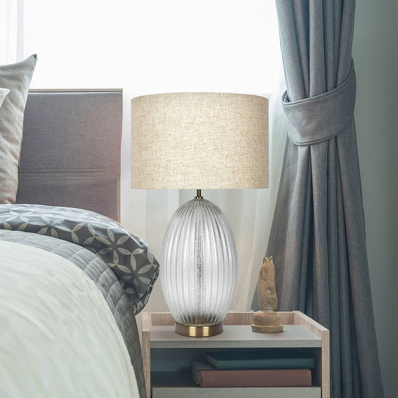 Aurora - Ribbed Lamp Base Clear Table Lamp Large Linen Shade - Beige / Clear / Gold - R&R Furniture Gallery (Fountain Valley, CA)