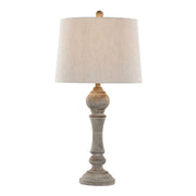Pair of Lumi Source Winston farmhouse poly table lamps with neutral fabric shades, set on wooden surfaces for rustic decor.