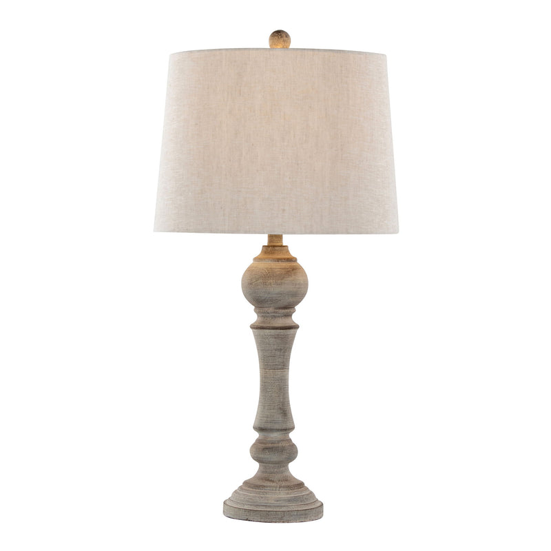 Pair of Lumi Source Winston farmhouse poly table lamps with neutral fabric shades, set on wooden surfaces for rustic decor.