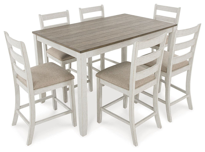 Skempton - Counter Height Dining Table and Bar Stools (Set of 7) - White / Light Brown - R&R Furniture Gallery (Fountain Valley, CA)