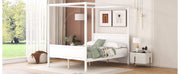 DreamHaus canopy platform bed with headboard, footboard, and slat support legs, showcasing a sturdy wooden frame and elegant design.