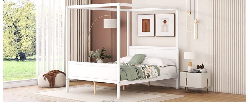 DreamHaus canopy platform bed with headboard, footboard, and slat support legs, showcasing a sturdy wooden frame and elegant design.