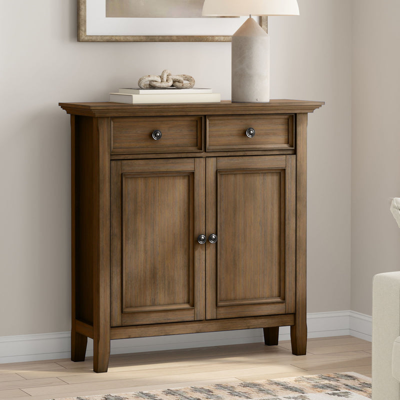 Simpli-Home Amherst accent storage cabinet with doors and drawers, wood finish for living room or hallway decor.