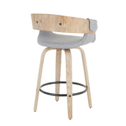 Set of two Lumi Source Elisa farmhouse counter stools in white washed and gray with wooden legs and cushioned seats.
