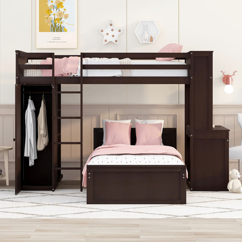 DreamHaus loft bed with stand-alone bed, shelves, desk, and wardrobe, showcasing a multi-functional space-saving bedroom setup.