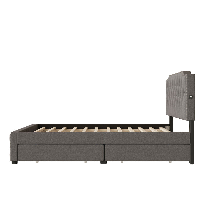 Upholstered Platform Bed With 2 Drawers And 2 Sets Of USB Ports On Each Side, Fabric - R&R Furniture Gallery (Fountain Valley, CA)