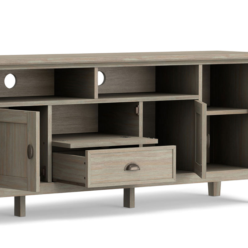 Redmond handcrafted TV media stand by Simpli-Home featuring a sturdy wooden design with open shelving for media devices.