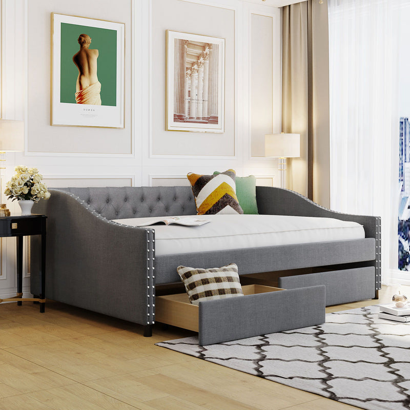 DreamHaus upholstered storage daybed with wood slat support and two drawers for versatile bedroom seating and extra storage.