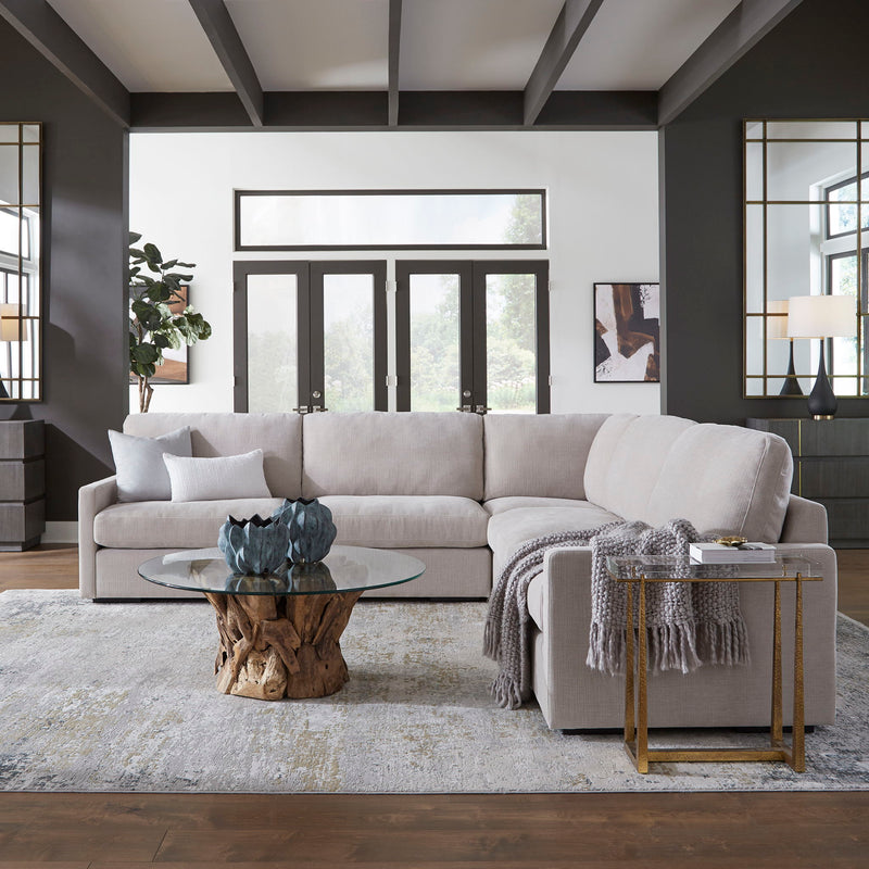 Uttermost Refuge corner sofa with plush cushions and modern design, shown in a cozy living room setting.