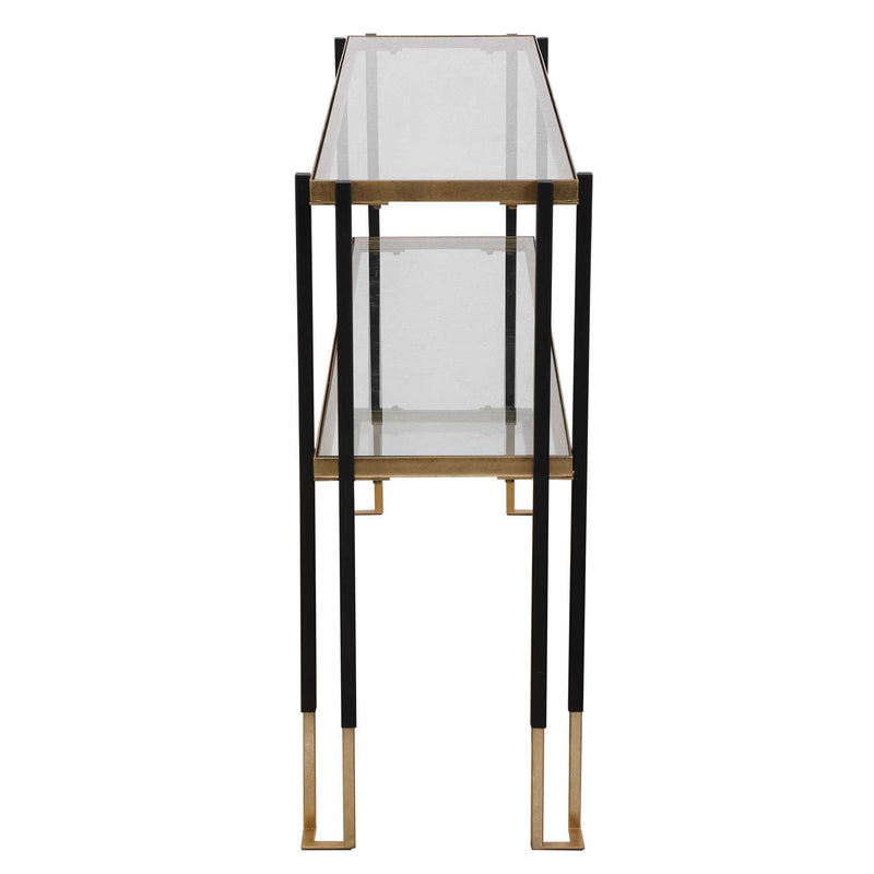 Uttermost Kentmore glass console table with sleek metal frame and clear glass top, modern design for entryway or living room.