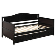 Wooden DreamHaus storage daybed with sofa bed design, featuring sleek wood finish and built-in storage drawers.
