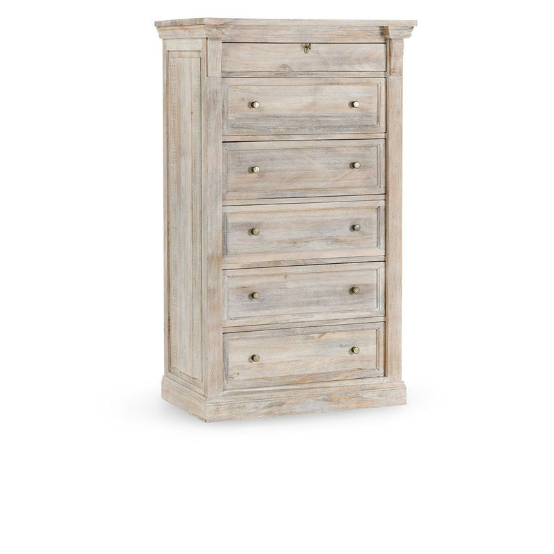 Natural cream wash Adelaide 6-drawer accent chest by Classic Home, showcasing its elegant wood finish and stylish storage design.