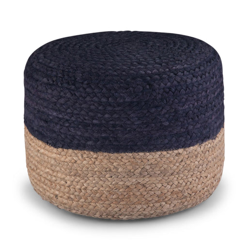 Simpli-Home Lydia handcrafted round accent pouf in neutral fabric, versatile home decor stool or footrest.