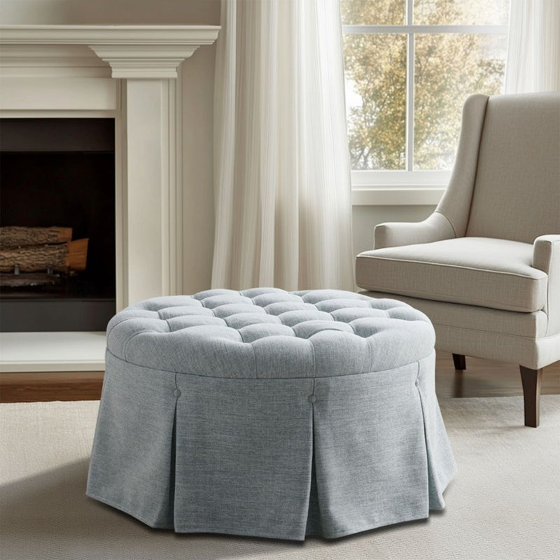 Skirted Tufted Round Ottoman With Button Top - Gray - R&R Furniture Gallery (Fountain Valley, CA)