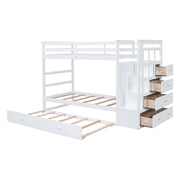 White twin over twin bunk bed with staircase and trundle, featuring a sturdy frame and built-in storage, by DreamHaus.