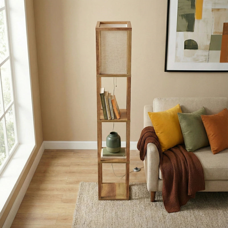 Pinnacle - Shelf Floor Lamp For Bedroom / Living Room, Long Shade - Natural Wood / White - R&R Furniture Gallery (Fountain Valley, CA)