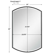 Black shield-shaped iron wall mirror by Uttermost with a bold, modern design and a sleek black finish.